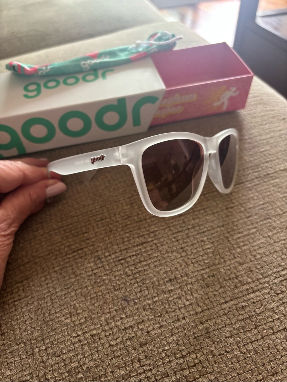 Goodr Translucent White Frame Sunglasses with Brown Gradient Lenses - Picture 2 of 6